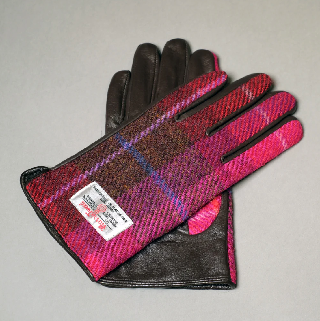 Pink Harris Tweed and Brown Leather Womens Gloves